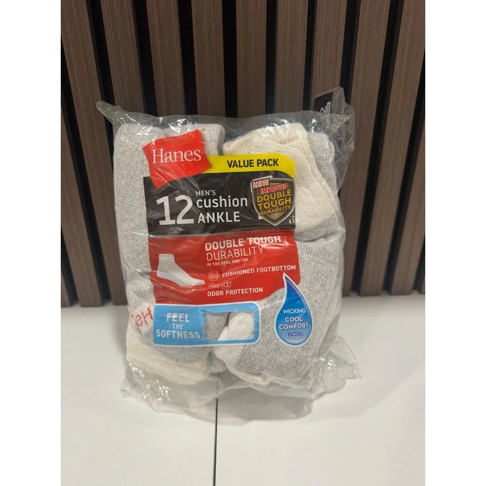 Hanes Men's Double Tough Ankle Socks 12-Pack, Size 6-12